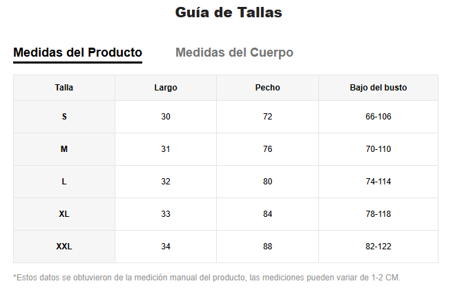 Tabla de talles Top